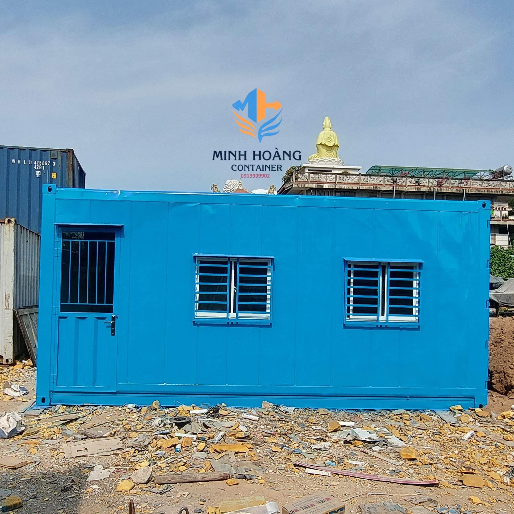 Container văn phòng 20 feet xanh dương đầy đủ điện đèn quạt